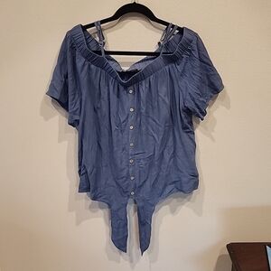 Blue cold shoulder blouse